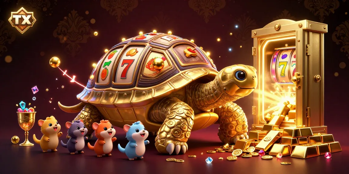 TX88 casino scene showcasing a golden tortoise pinball machine with joyous animals playing and treasures surrounding.