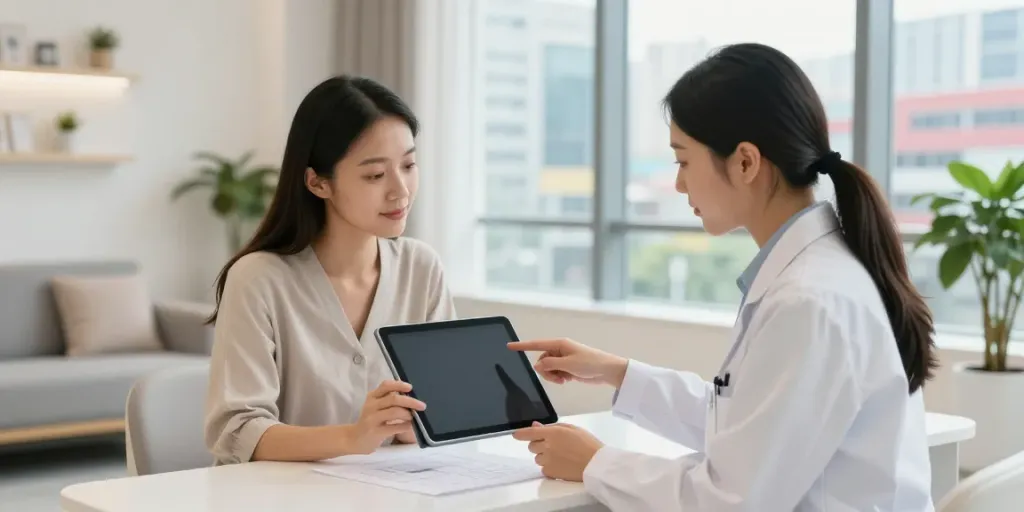 Engaging consultation on alternatives to QOVES in a modern beauty clinic setting.