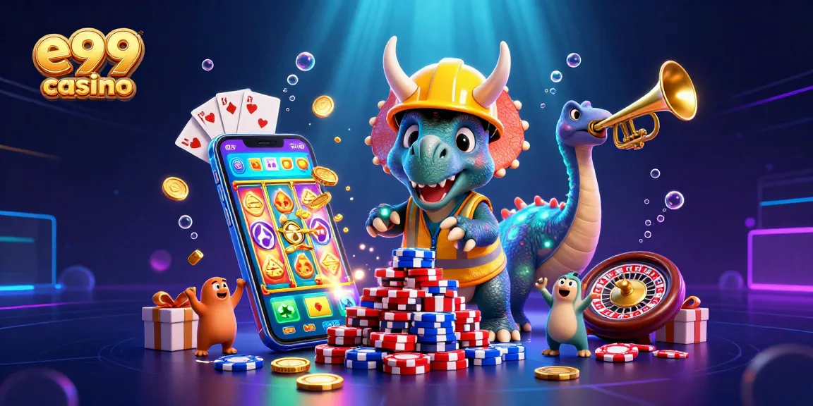 Experience excitement at e99 casino with cartoon dinosaurs building poker chip towers amidst vibrant gaming elements.