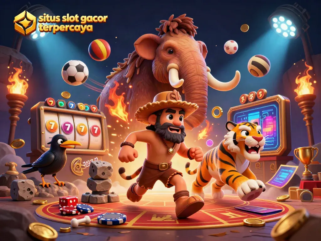 Experience the excitement of situs slot gacor terpercaya with a lively 3D casino scene featuring a caveman, saber-tooth tiger, and unique game elements.