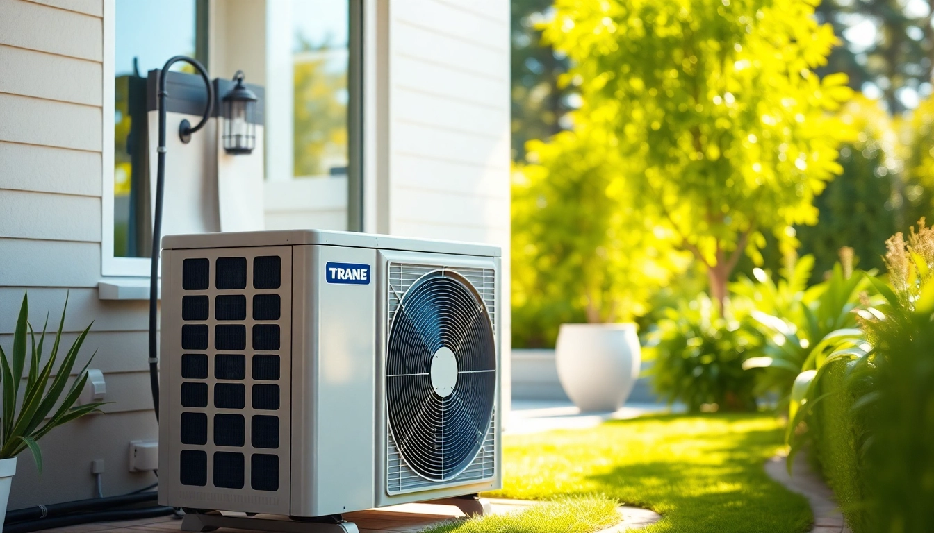 Trane HVAC unit displayed in a modern garden setting showcasing energy efficiency.
