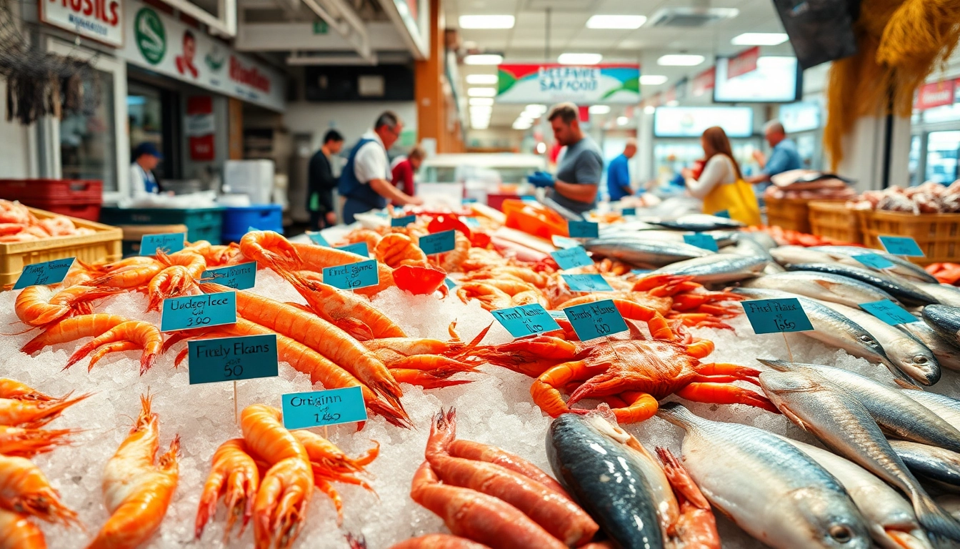 Showcase of premium seafood exporter varieties with fresh fish and shellfish on ice at a bustling market