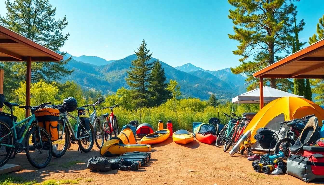 Showcasing whitefish equipment rental options in a scenic outdoor setting with various gear.