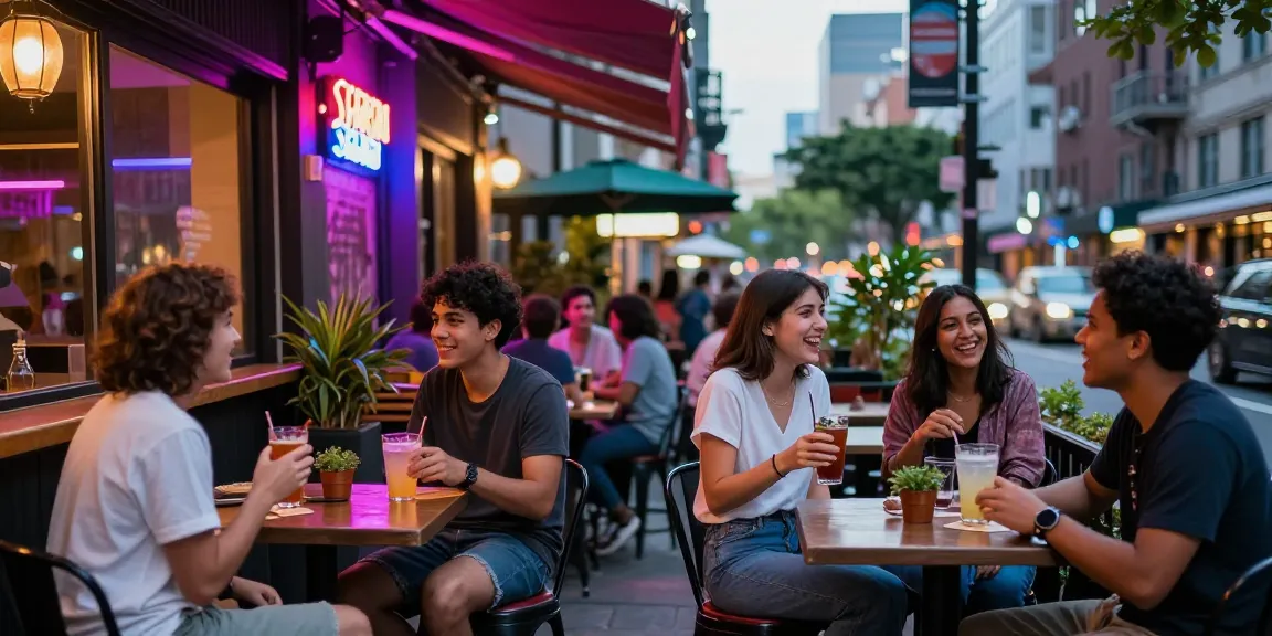 Enjoying vibrant nightlife at a 유흥사이트 in a bustling urban scene with friends.