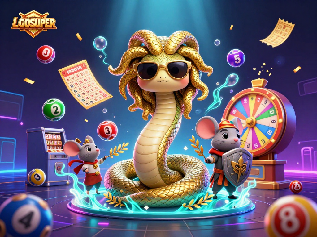 Experience LGOSUPER, where vibrant lottery elements burst dynamically in a fun, 3D casino setting.