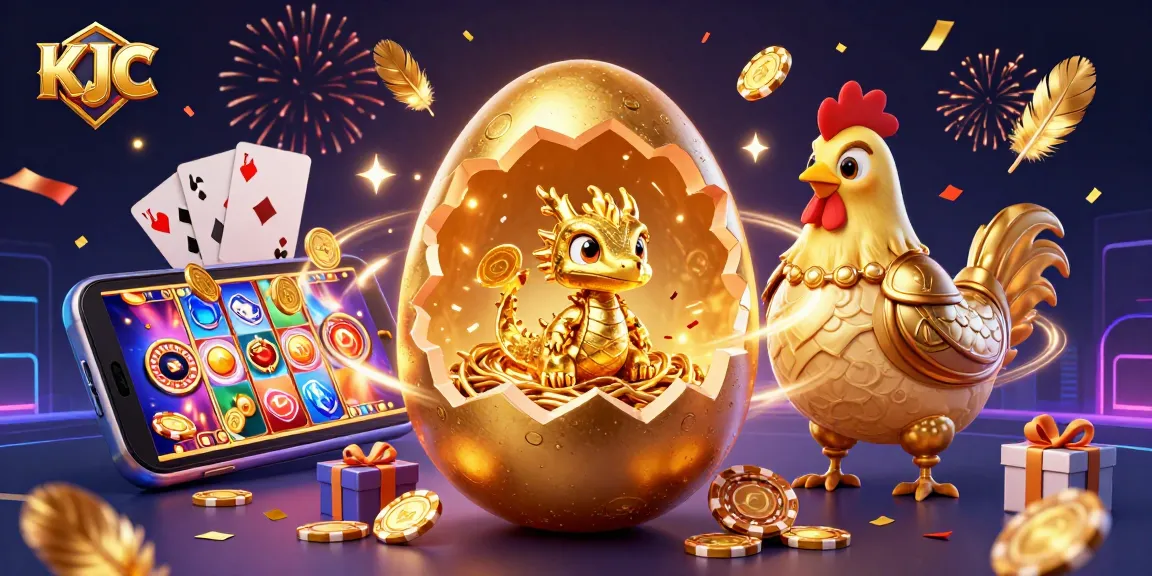 KJC showcases gaming excitement with a golden dragon, poker chips, and vibrant casino elements.
