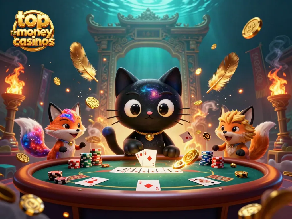A 3D cartoon black hole cat and nebula fox character at a cosmic casino table, showcasing top real money casinos.
