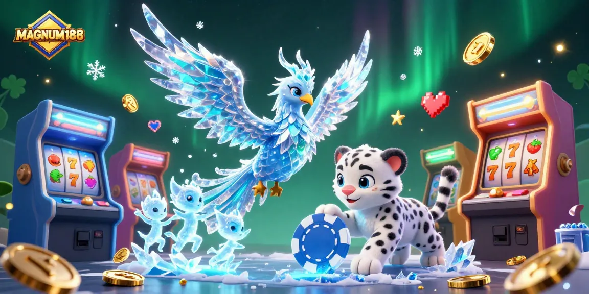 Experience the thrill of MAGNUM188 with vibrant gaming icons and characters in a dynamic, icy casino scene.