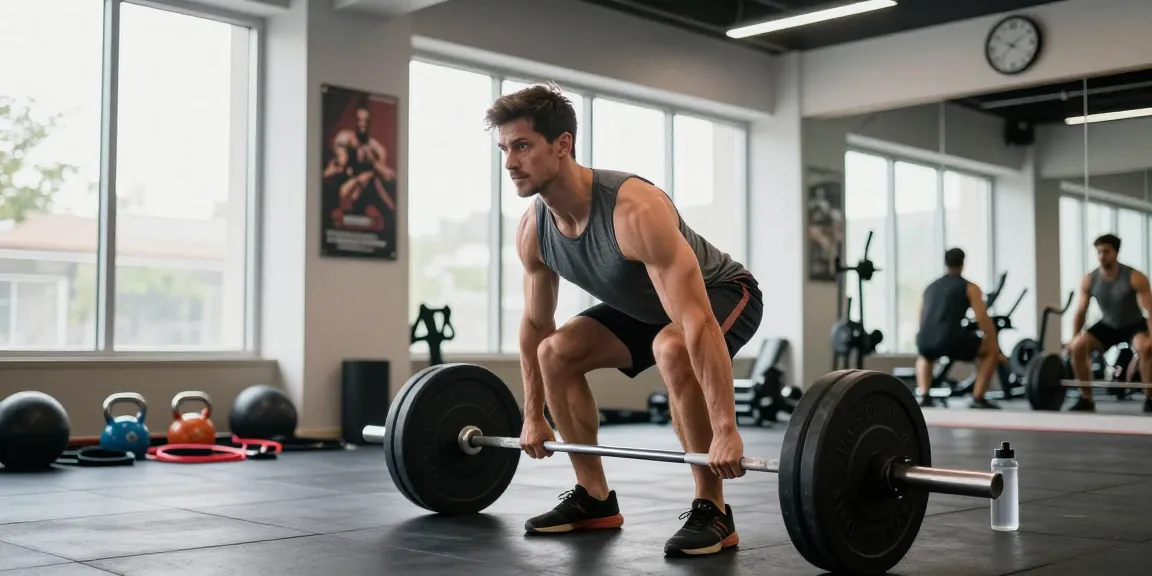 Man in gym clothes Men's training for deadlifts in modern fitness studio.