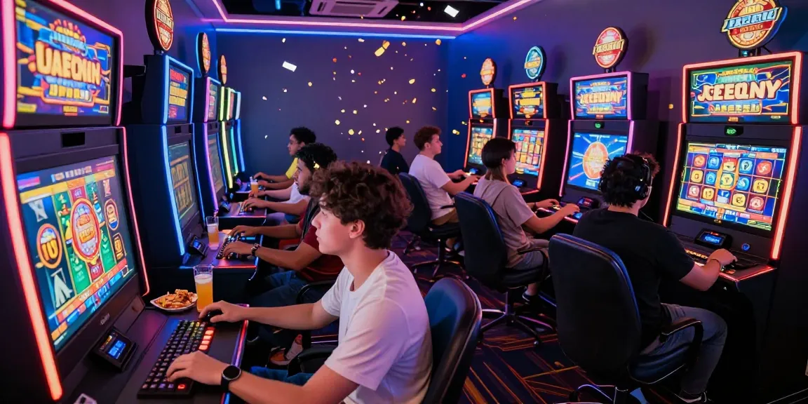 Exciting moment in a jepang slot gaming room with diverse players celebrating wins.