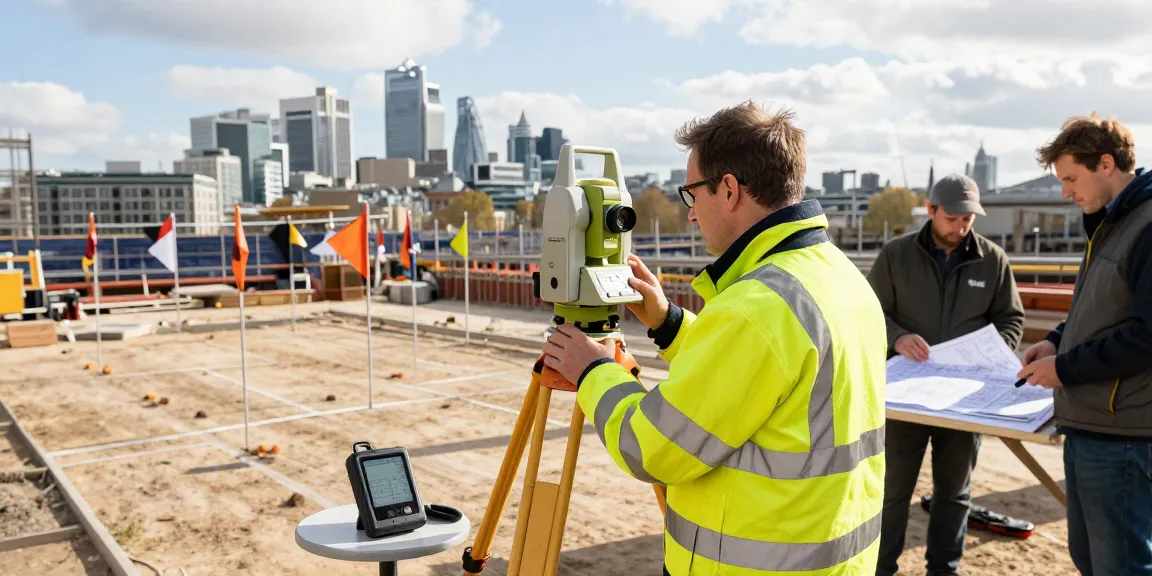 Topographical surveys london conducted by professional surveyors on construction site with London skyline in background.