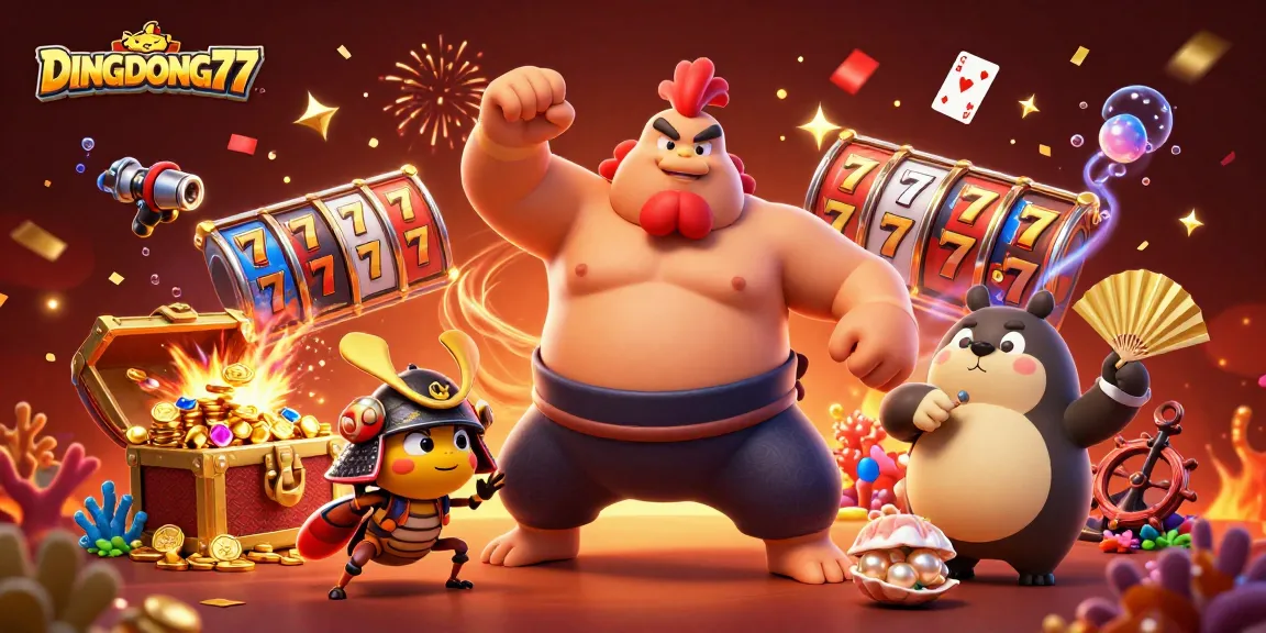 DINGDONG77 thrills with a sumo rooster and samurai cricket in a vibrant casino scene.