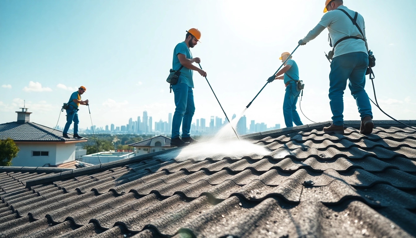 Roof Cleaning team applying soft wash technique on residential roof for effective cleaning.