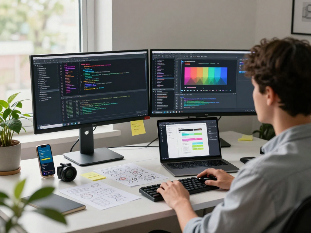 Pengembang berfokus pada delapantoto di ruang kerja modern dengan dua monitor dan laptop, dikelilingi oleh alat teknologi.