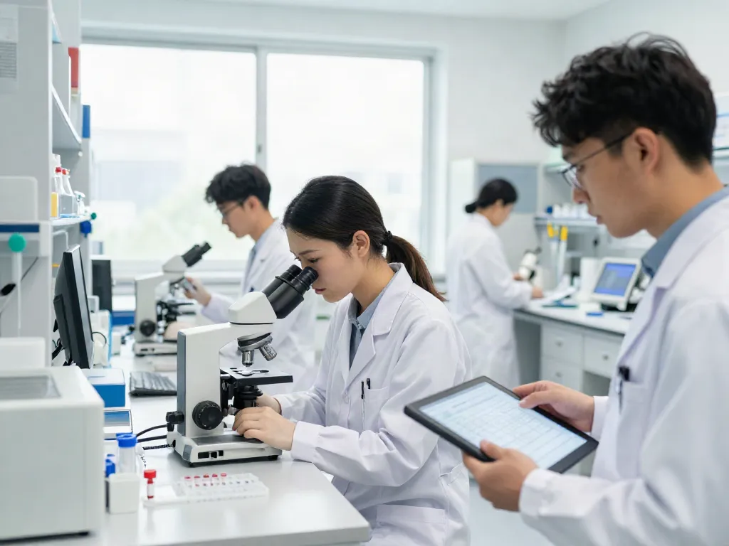 Laboratorios Chihuahua: profesionales en laboratorio analizando muestras clínicas en un entorno moderno y limpio.