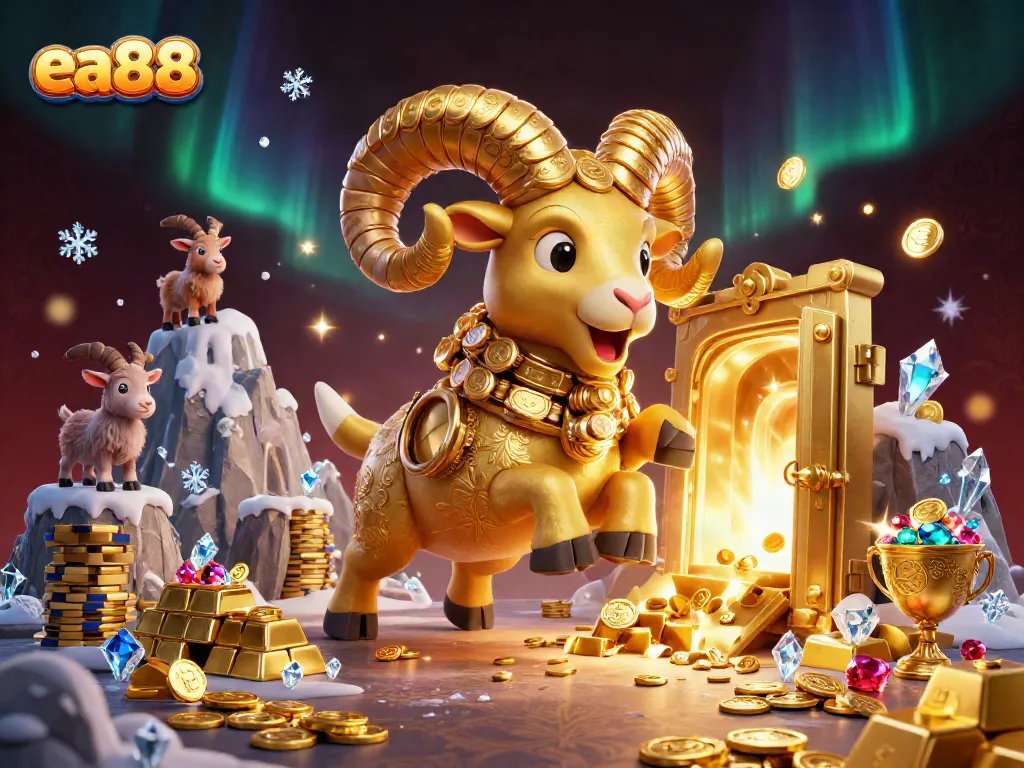 Ram vàng lấp lánh thể hiện sức mạnh trong casino ea88 với nhiều kho báu và ánh sáng sống động.