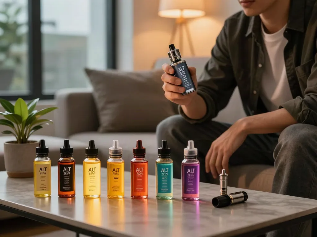 Person enjoying Alt Zero E-Liquid 60ml surrounded by vape juice bottles and cozy decor.