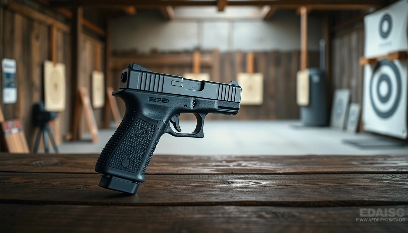 Showcase the glock 43x mos pistol with a sleek profile and detailed design in a realistic shooting range setting.