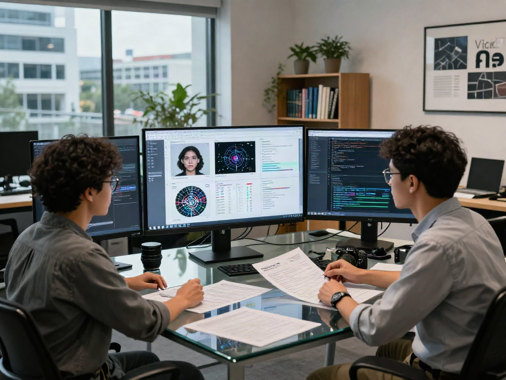 AI Image Detector analysis in a modern office environment with detection metrics displayed on a touchscreen.