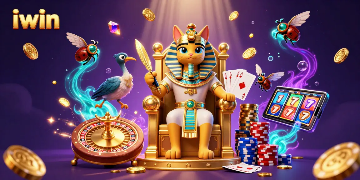 Witness iwin excitement as the pharaoh cat throne scene bursts with coins and gaming elements.