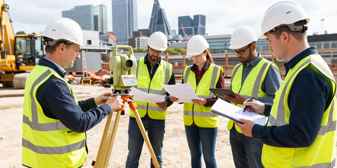Topographical surveys London: Expert surveyors using advanced equipment for accurate land measuring in a busy construction setting.