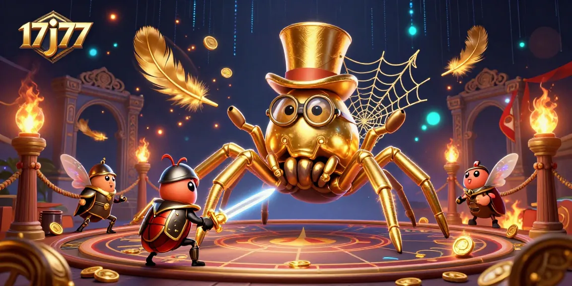 The 17j77 casino scene features a golden tarantula with a web, beetle knight, and moths amidst vibrant games and coins.