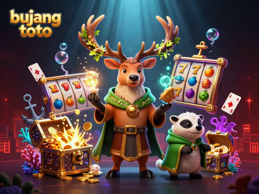 Bujang toto presents an exciting online casino scene with characters, glowing treasures, and spinning slot reels.