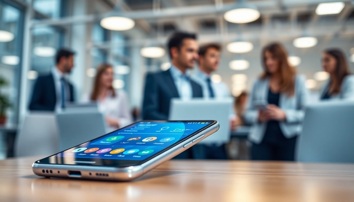 Engaging smartphone demonstrating connectivity among business mobile providers UK services in an office environment.