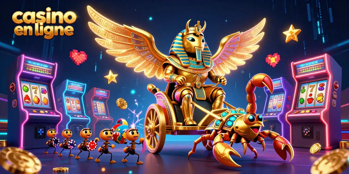 Illustration d'un scarabée colossal en armure pharaonique représentant un casino en ligne entouré de machines à sous colorées et de gains.