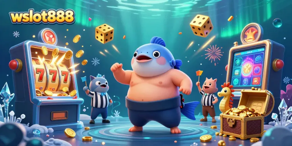 Visualisasi slot dan jackpot dari wslot888 dengan balon ikan dan penggemar laut di dunia bawah laut.