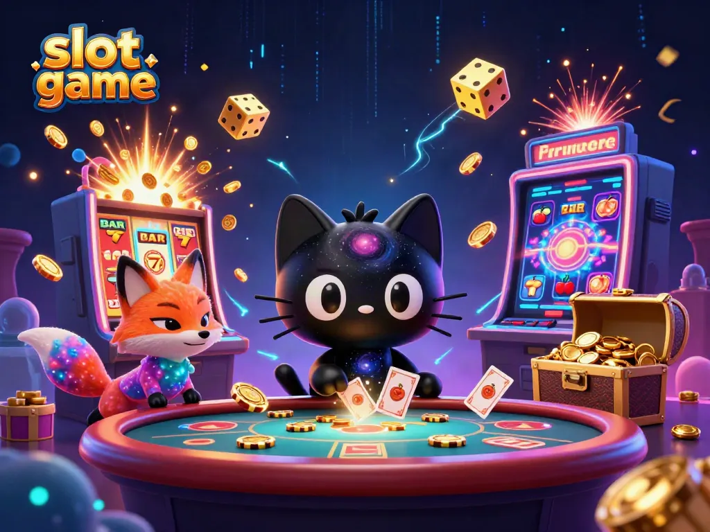 Experience thrilling slot game adventures with a cosmic cat and colorful fox in this vibrant 3D scene.