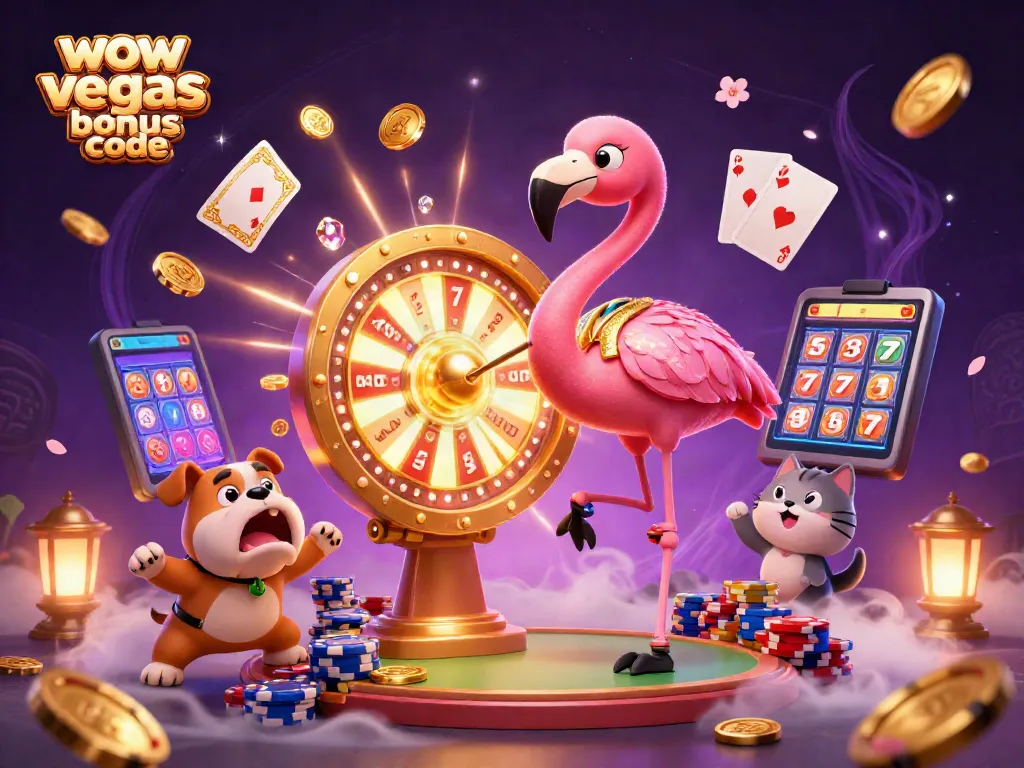 Play and win with WOW Vegas bonus code in a vibrant casino-themed scene filled with exciting elements.