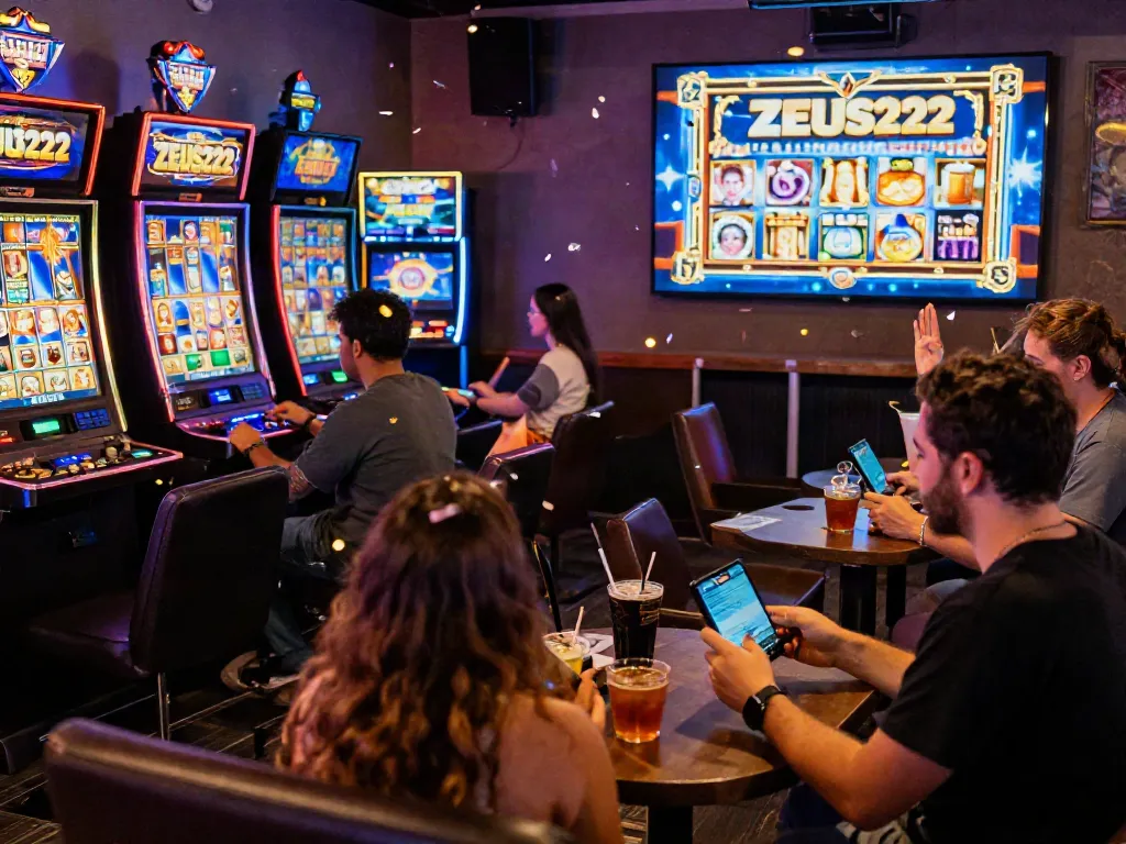 ZEUS222 menghidupkan pengalaman bermain slot online dengan pemain bersemangat di ruang gaming penuh warna.