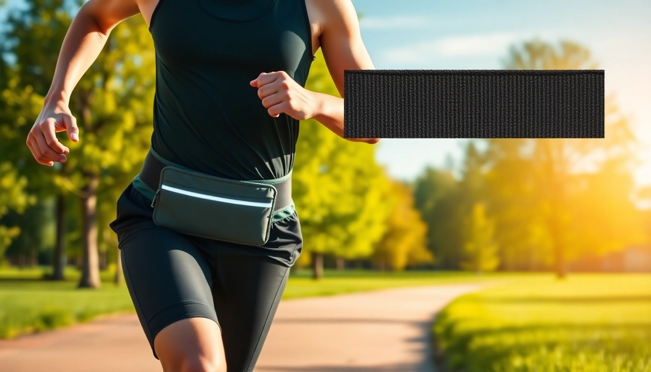 Active runner wearing running belts while jogging through a sunny park with greenery.