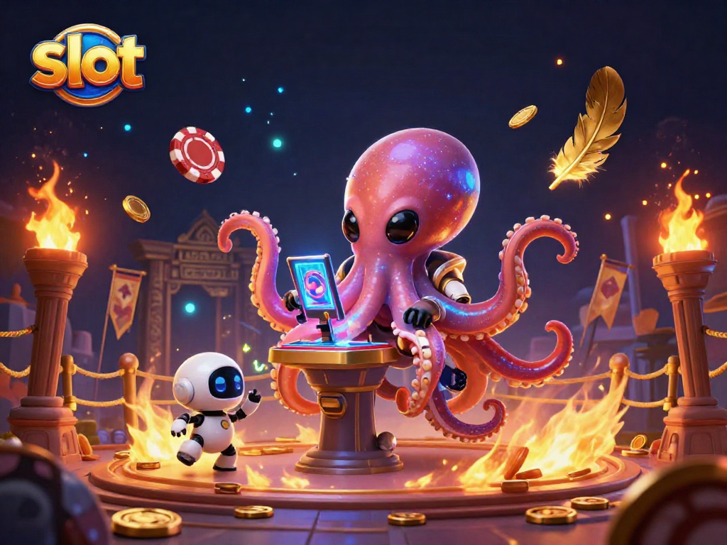 Engage in thrilling slot action with the octopus in a shimmering space suit operating a slot machine.