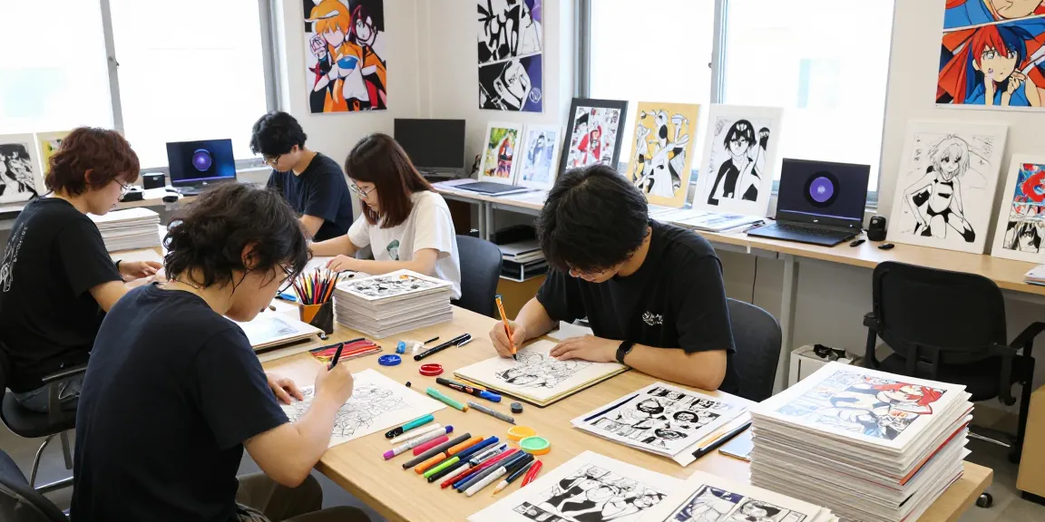 Creative artist at doujinhentai-th.com studio illustrating vibrant manga artwork.