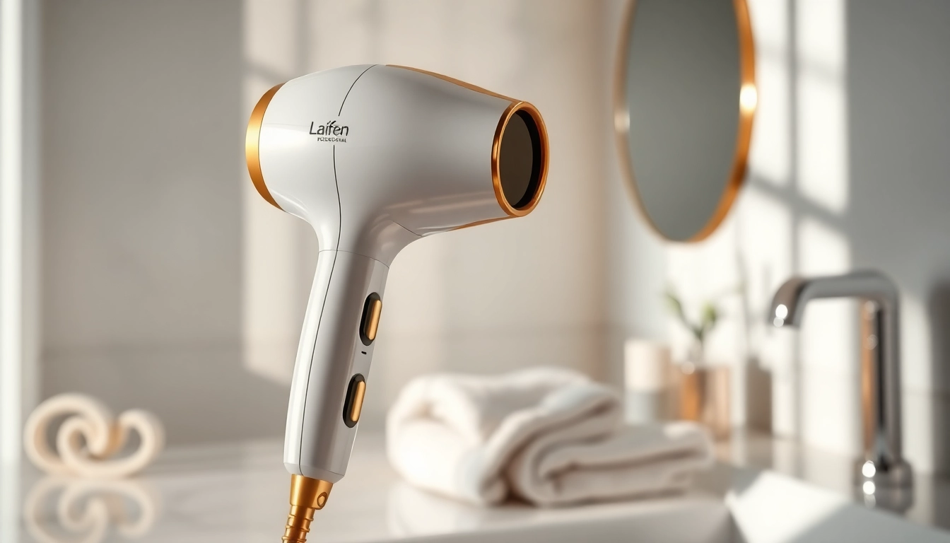 Experience the superior design of Laifen US hair dryers against a chic bathroom setting.