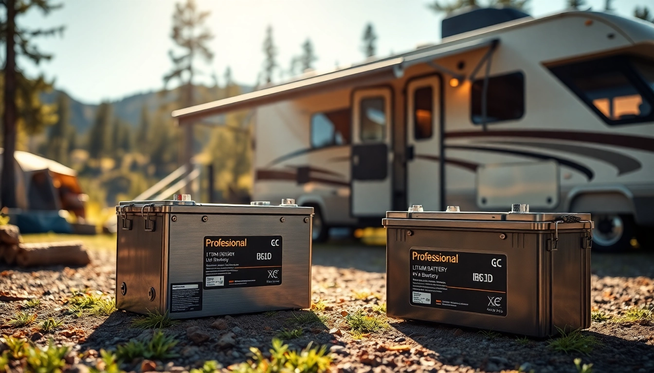 Compare lithium RV batteries showcasing durability and performance in a scenic camping setting.