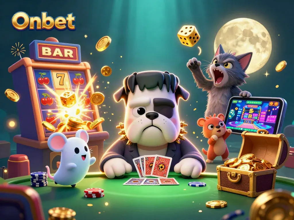 Engage with Onbet's thrilling casino scene featuring a lively bulldog dealer and glowing prizes.