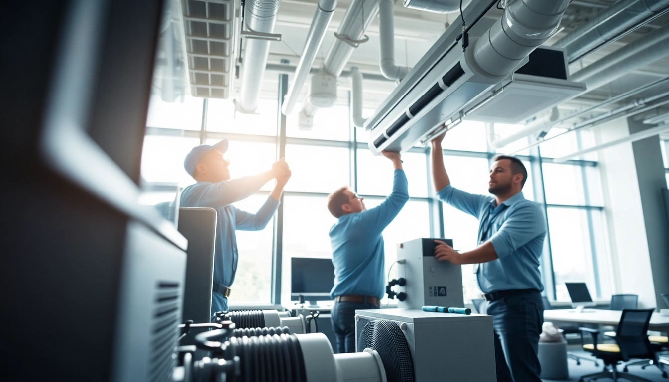 Installing commercial HVAC systems in a modern office environment, showcasing professionals at work.