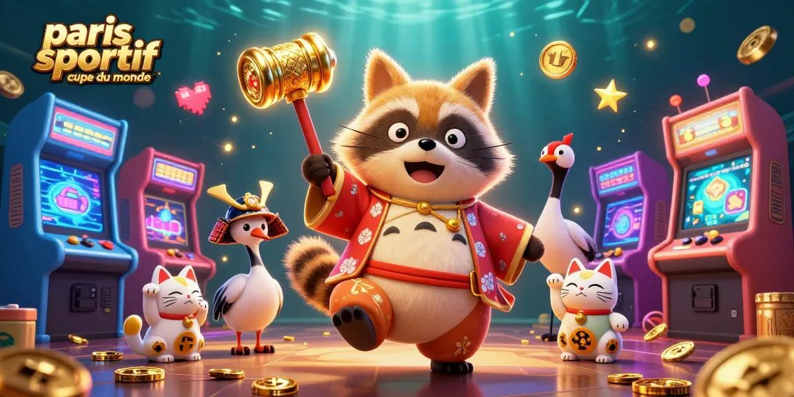 paris sportif coupe du monde : Tanuki heureux avec des chats maneki-neko dans un univers de casino
