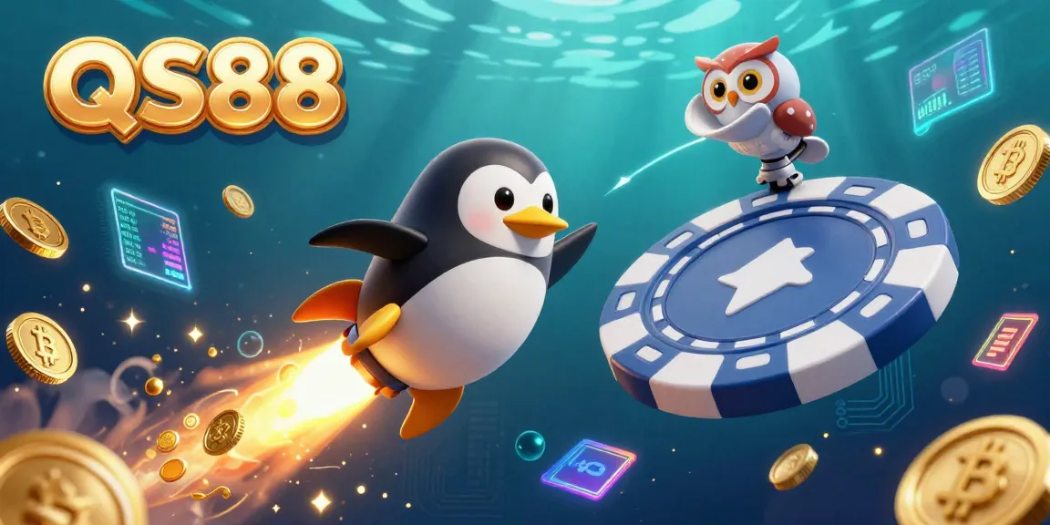 Experience thrilling crypto gambling at QS88 with a dynamic 3D scene featuring a golden penguin and vibrant casino elements.
