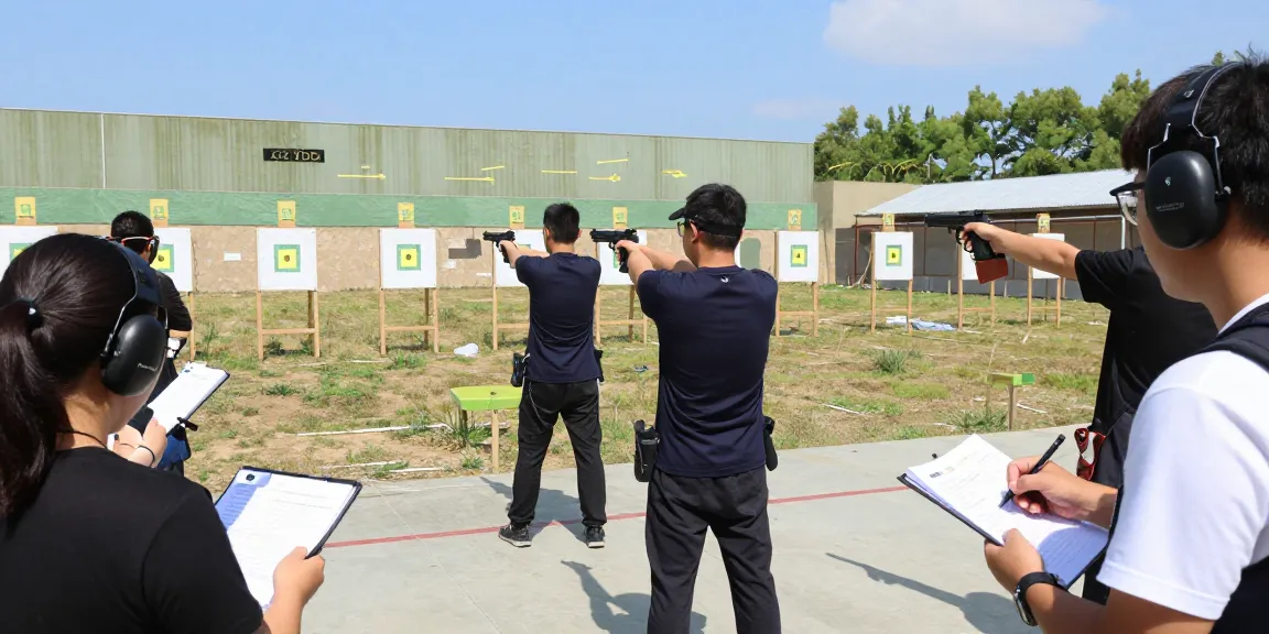 CZ 75 BD পিস্তল ব্যবহার করে শুটিং রেঞ্জের অনুশীলনকারী দল, নিরাপত্তা সরঞ্জাম সহ।