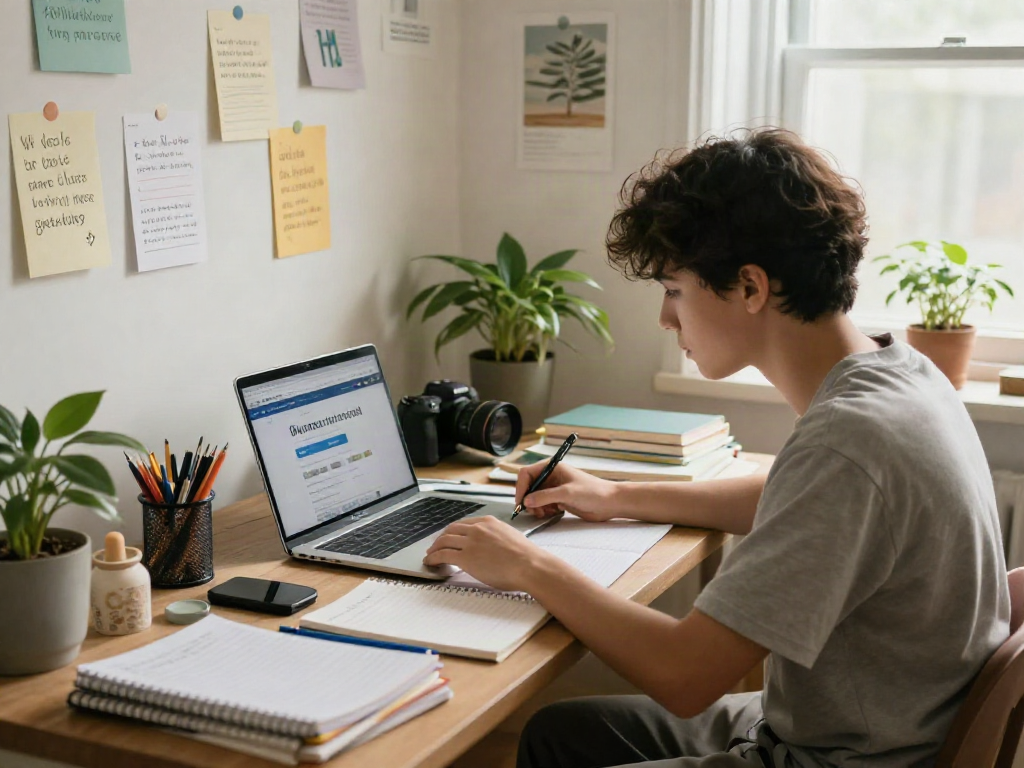 Een student die online zoekt naar diploma kopen terwijl hij studeert aan een bureau vol boeken en aantekeningen.