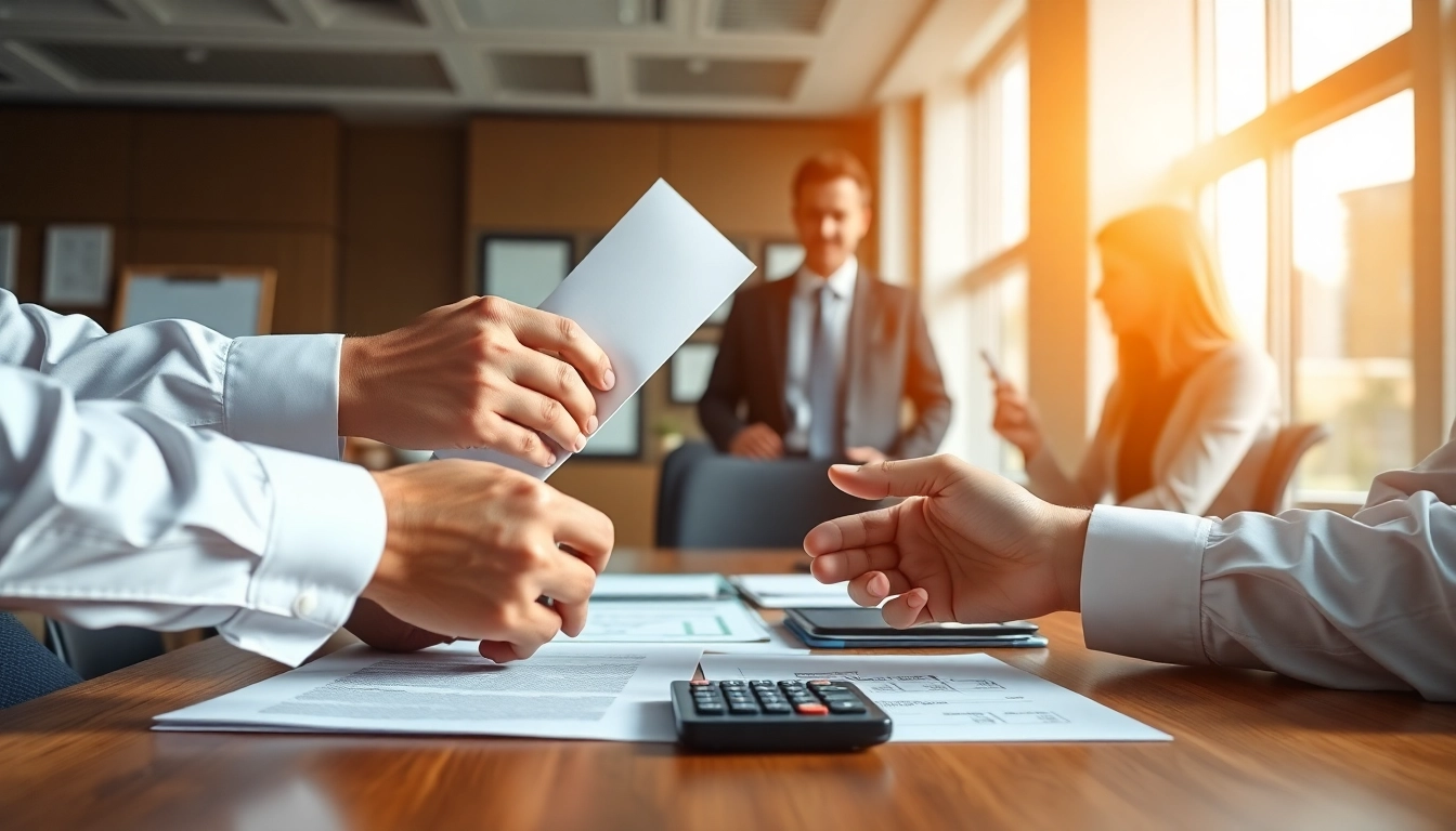 Showcase secure Escrow Services transaction in a contemporary office environment.