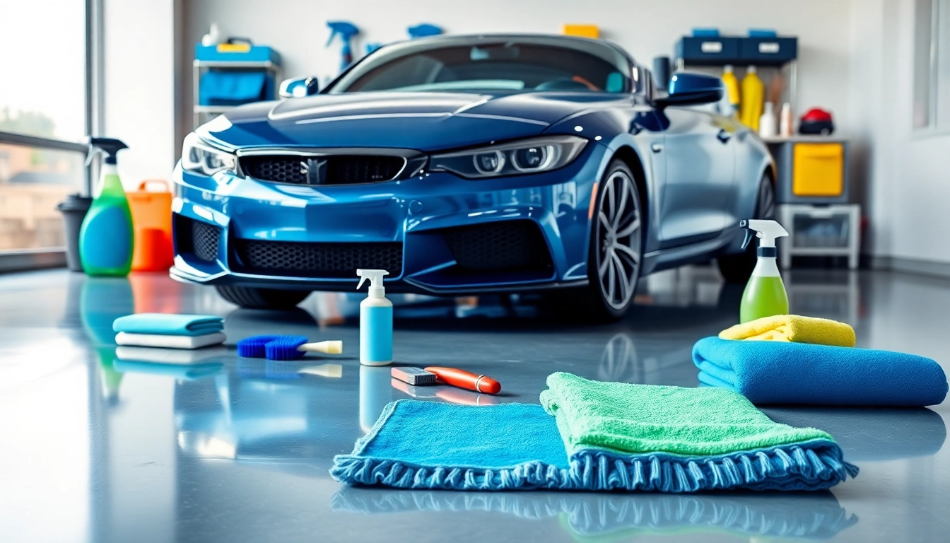 Car Cleaning setup with tools and products emphasizing shine and cleanliness.