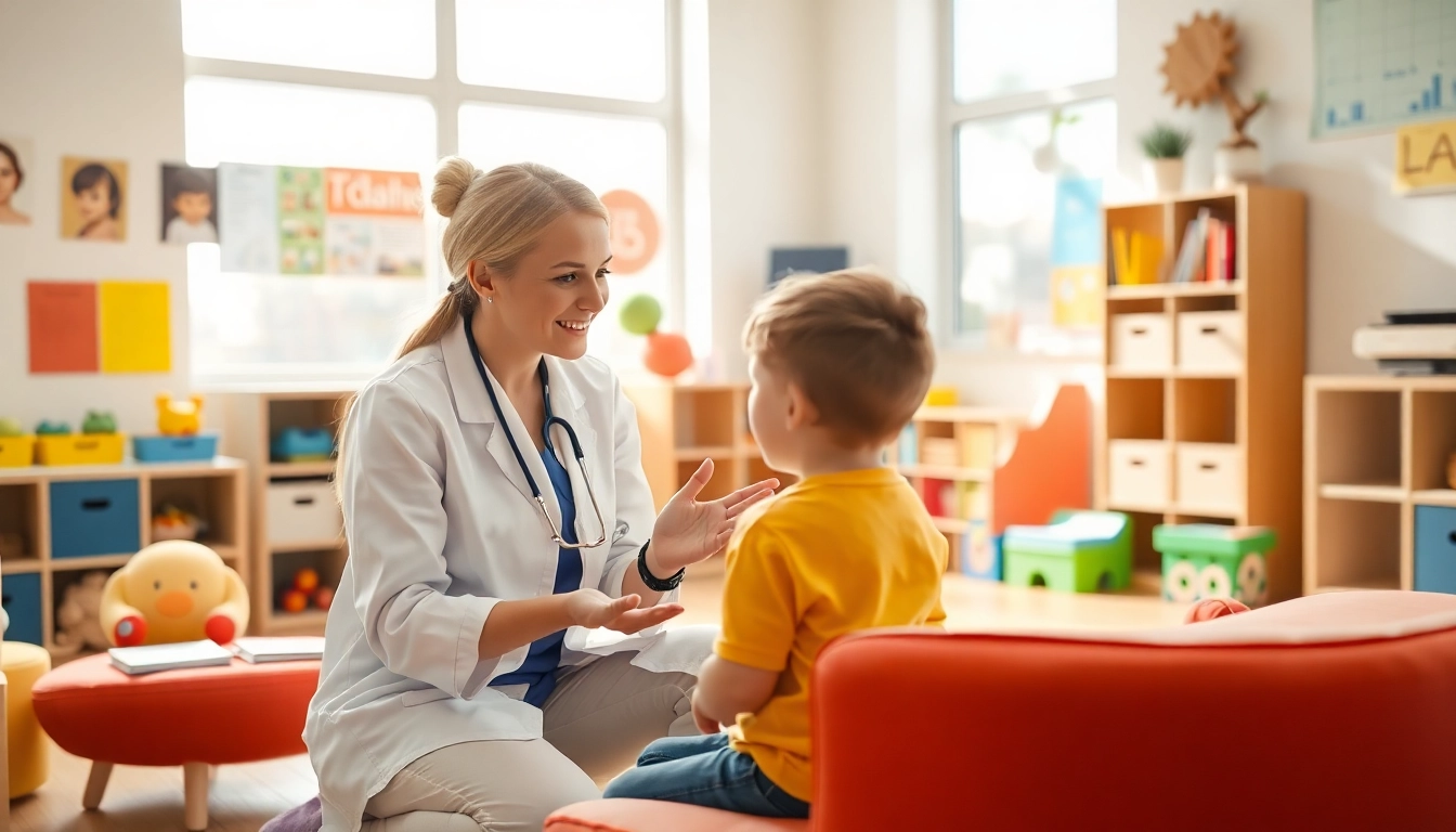 ABA therapy near me session between therapist and child in a bright, colorful room.