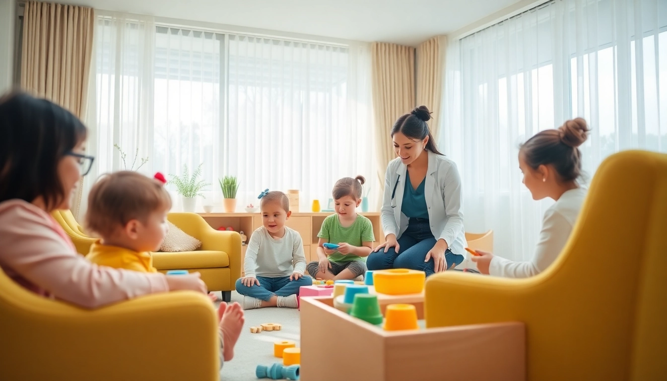Engaging ABA therapy near me session with children and therapists in a bright room.