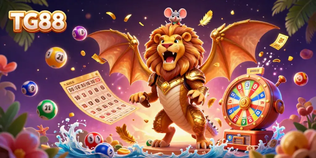 Experience the excitement of TG88's casino games with a dazzling chimera and vibrant gaming elements.