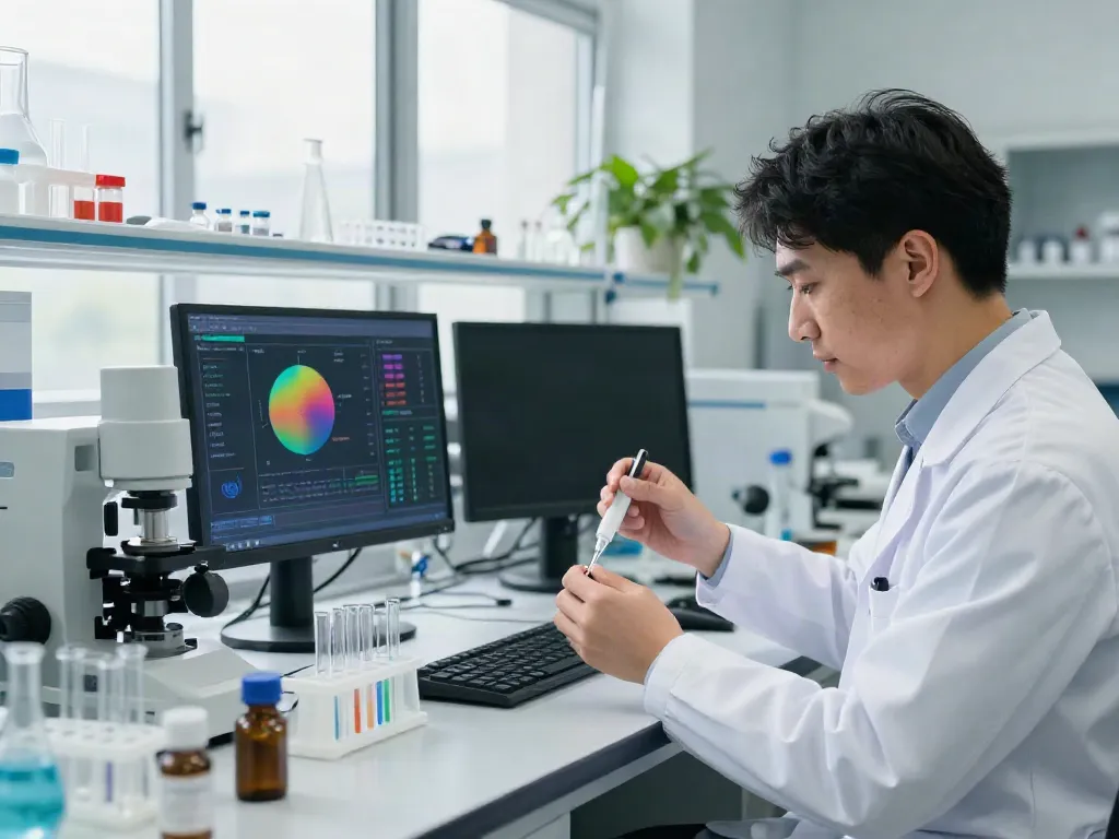 Researcher validating tesamorelin for sale in a high-tech lab